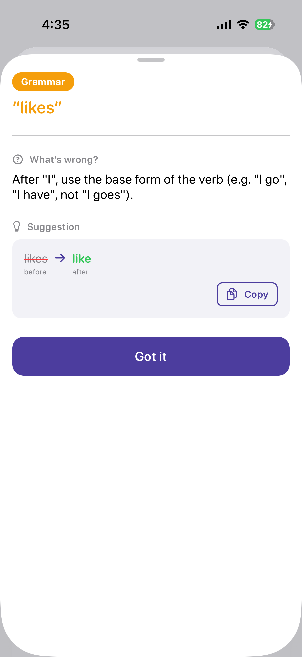 GrammarEasy error detail with explanation and correction